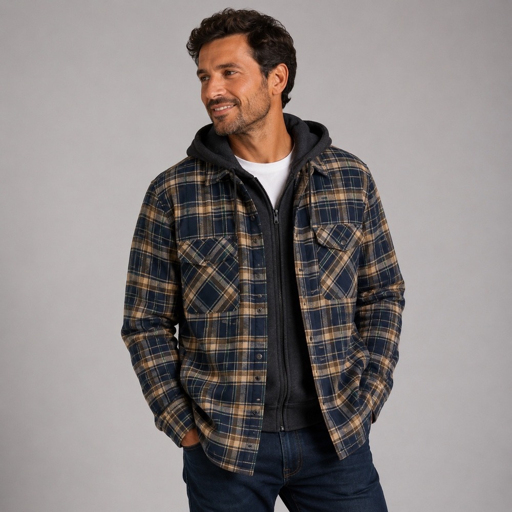 Eddie‎ Bauer Mens Hooded Shacket Navy Soloman Plaid Quilted Lined Flannel Jacket